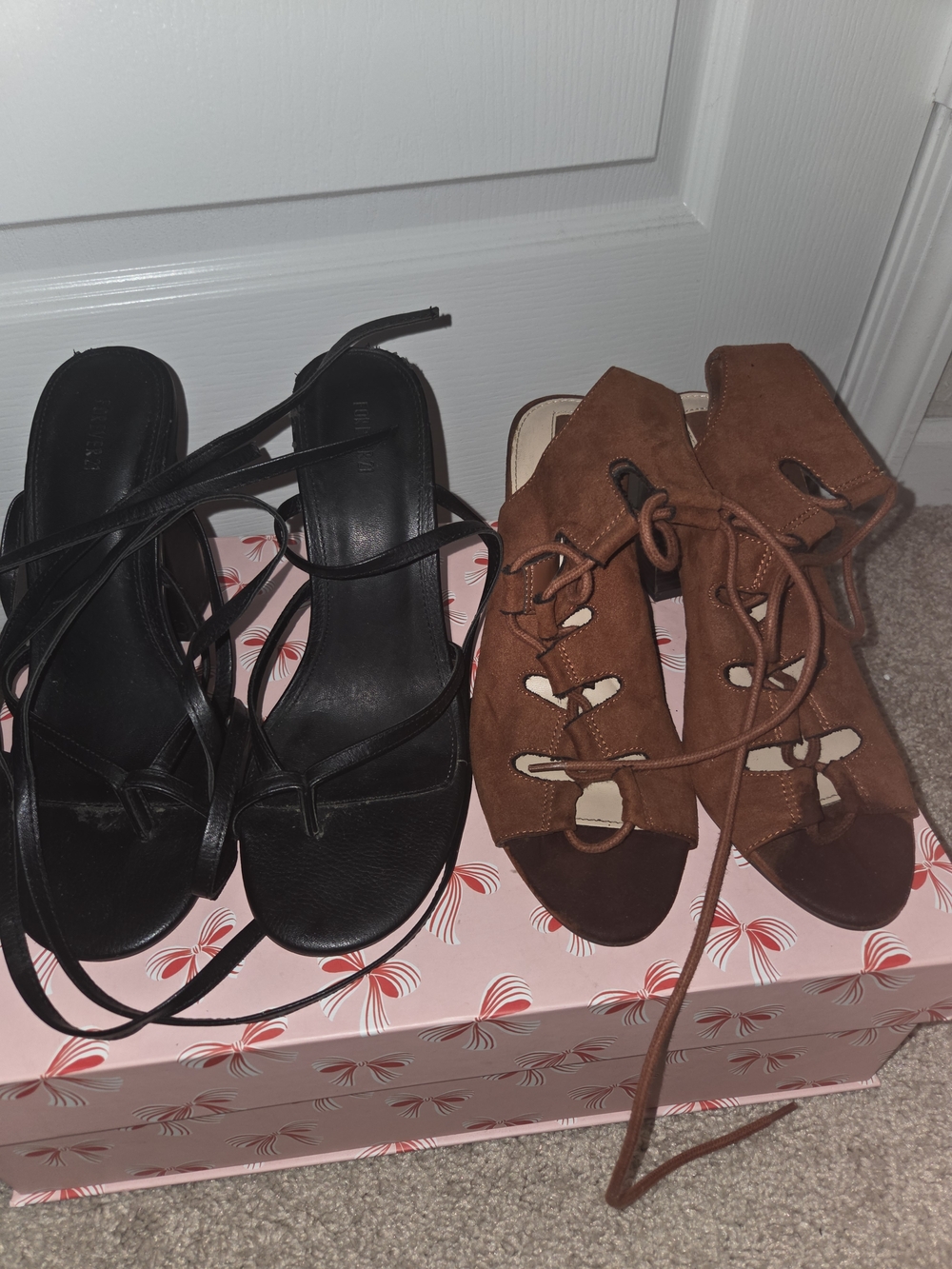 Brown Suede Lace-Up Heeled Sandals & Black Faux Leather Gladiator Style Heels